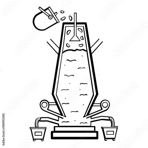 ore processing plant concept, extraction to output flow vector icon design, blast furnace stock illustration