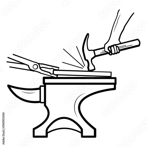 blacksmith forging metal on anvil concept, hammering hot iron at work vector icon design,