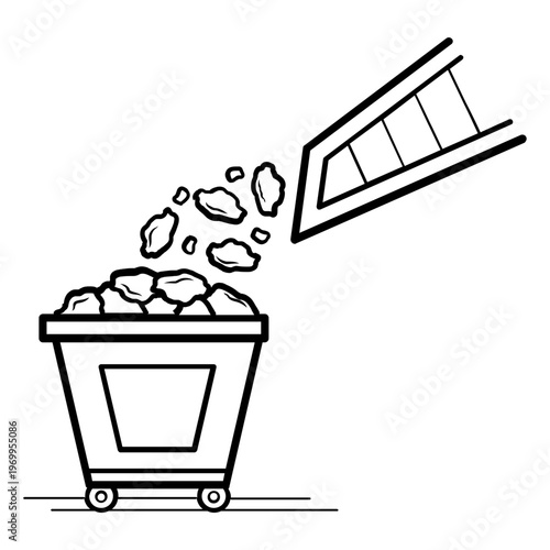 mining cart being loaded with ore concept, bulk material transfer into trolley vector icon design,