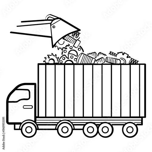 scrap metal loading into transport truck concept, recycling yard handling metal waste vector icon design,