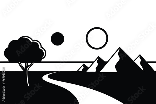 Minimalist black and white landscape with winding path, tree, mountains, moon, and sun, evoking tranquility and solitude in nature.