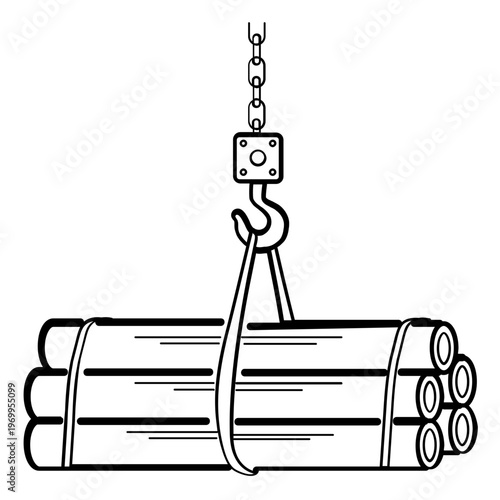 crane lifting pipe bundle concept, construction load hoisting vector icon design