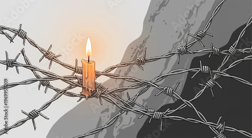 Single burning candle resting behind barbed wire as powerful symbol of imprisonment and hope for freedom in conceptual digital illustration artwork