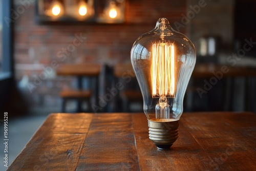 Vintage edison light bulb on rustic wooden table in cozy cafe setting