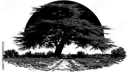 Black and white illustration of a large tree with foliage against a black arc with a path