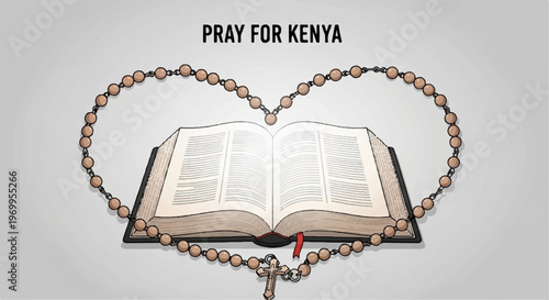 Open Holy Bible surrounded by wooden rosary beads arranged in heart shape representing love and collective prayer for nation of Kenya in illustration