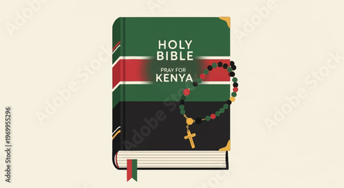 Closed Holy Bible with Kenyan flag motif and wooden rosary draped over cover symbolizing national faith and unity in stylized digital illustration