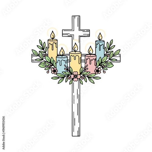 A cross symbol drawn naturally like wood, with candles and flowers as a sign of Easter in the middle. Drawn vector sketch illustration.