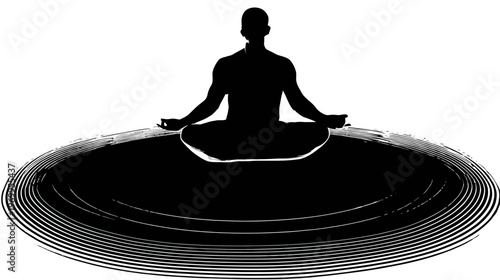 A meditative silhouette is in a lotus position atop a spiral in black and white