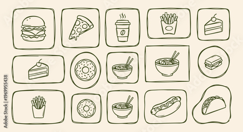 Fast food vector icons, junk food snack symbols, pizza coffee donut design, restaurant menu icon set, unhealthy food line art, takeaway food drink symbols, street food catering icons.
