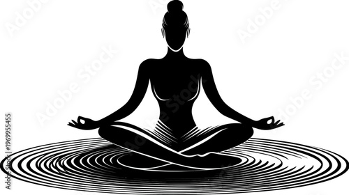 Silhouetted figure in lotus position on swirling circle, evoking meditation and serenity