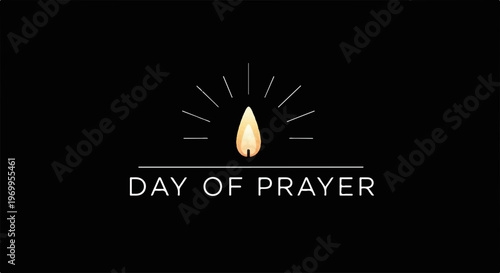 Minimalist day of prayer banner with glowing candle flame illustration isolated on black background for spiritual memorial and religious observance