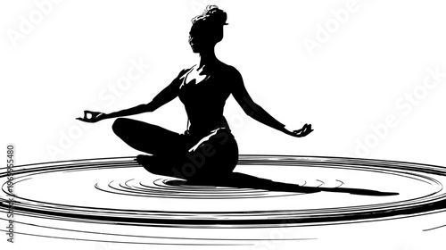 A silhouette of a woman in a lotus position, sitting on rippling water, with white background