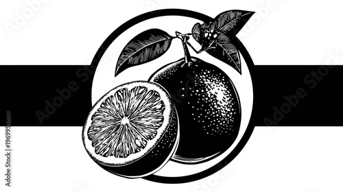 A monochrome illustration of oranges, leaves, and a slice, set in a circular graphic