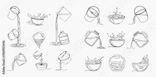 Set of hand-drawn liquid pouring and splashing illustrations, including water, milk, and other fluids, in various containers like bowls, cups, and bottles, on a transparent background.