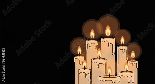 Group of glowing candles with soft bokeh and magical light effects on black background for festive or religious memorial illustration