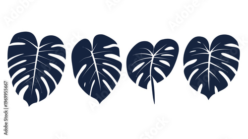 Four stylized, dark blue Monstera leaves arranged in a row against a plain white background