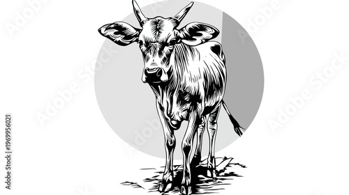 Stylized monochrome illustration of a calf standing with upright posture and looking forward
