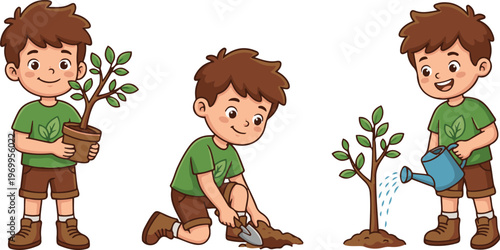 Cute boy gardening in three actions: holding plant, planting, watering, cartoon clipart illustration.