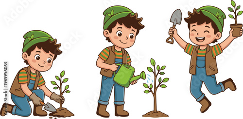Cute cartoon boys planting and caring for small trees, gardening activity illustration, happy children outdoors, environmental awareness, eco-friendly concept.