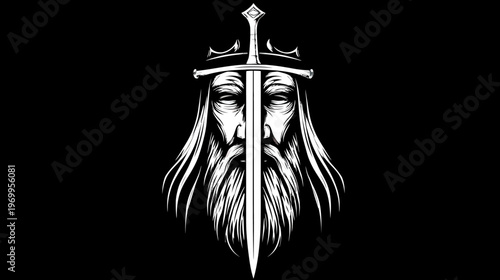 A black and white illustration of a king with eyes closed and a sword running through his face