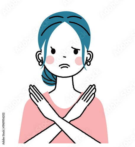まとめ髪の若い女性　　手をバツにしている女性
