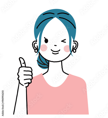 まとめ髪の若い女性　親指を立てていいねのポーズをしている女性