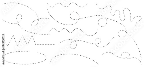Large collection of hand drawn curve dotted line, spiral dotted line hand drawn, dotted lines path on white background. Path travel dotted line trip dashed trace destination track plan and travelling