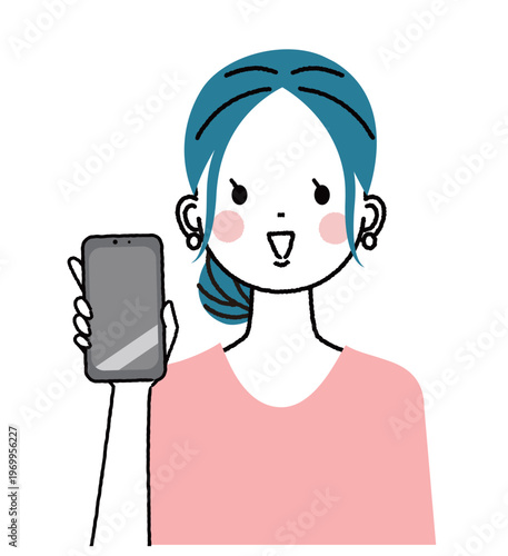 まとめ髪の若い女性　スマートフォンの画面をこちらへ向けている女性