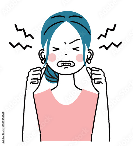 まとめ髪の若い女性　イライラしてヒステリックな表情をしている女性