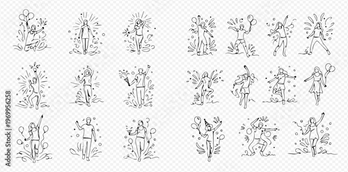 Set of happy people celebrating success with raised hands, continuous line art drawing.
