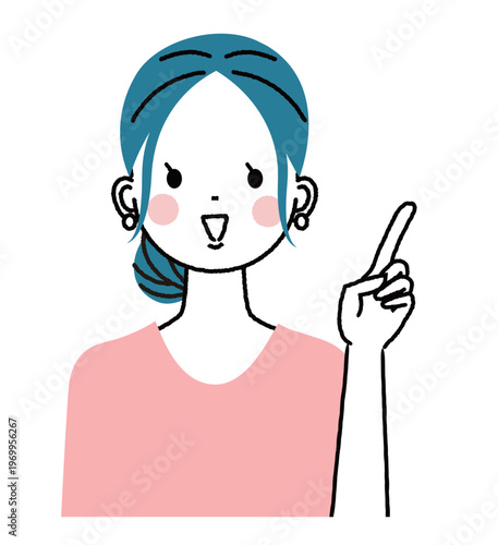 まとめ髪の若い女性　人差し指を立ててアドバイスのポーズをしている女性
