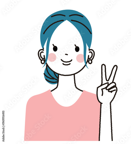 まとめ髪の若い女性　笑顔でピースをしている女性