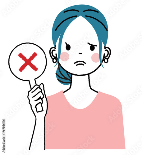 まとめ髪の若い女性　険しい表情でバツのプラカードを出している女性