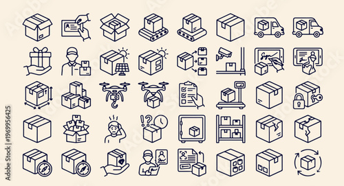 Box vector icons, storage container symbols, delivery cardboard design, packaging box set, warehouse stock icons, shipping crate line art, organization storage symbols.

