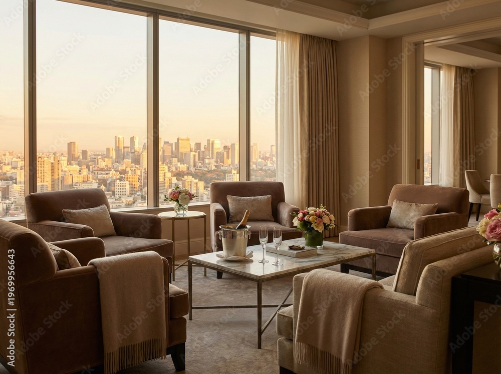 Obraz premium A comfortable relaxation space in a luxurious room furnished with wine and a sofa