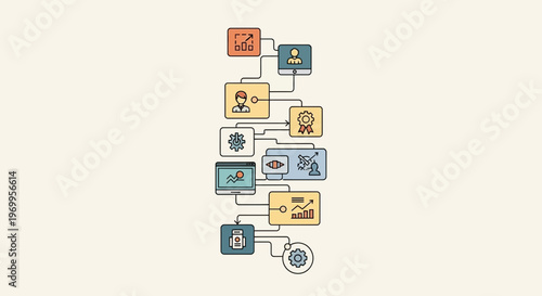 business process workflow diagram with digital icons and gears
