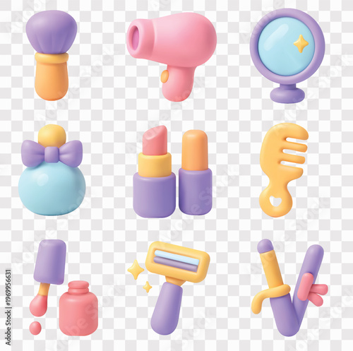 Beauty and Personal Care Vector Icon Set | 3D icon set | a makeup brush, hair dryer, hand mirror, perfume bottle, lipstick, hair comb, nail polish, razor, and a curling iron