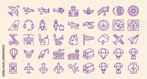 Aviation vector icons, airplane travel symbols, flight airport design, air transport set, pilot aviation line art, aerospace travel icons, aircraft journey symbols.

