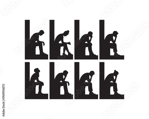 Eight Black Silhouettes of People Sitting in Thoughtful Poses within Rectangular Frames