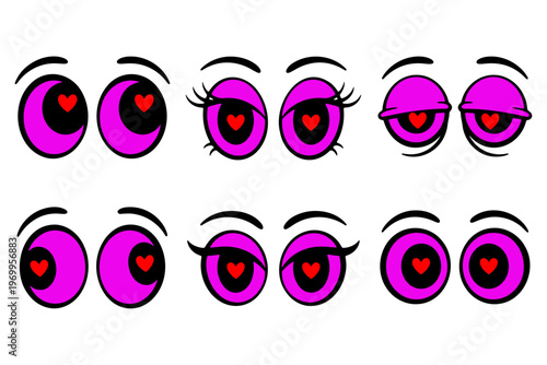 Collection of cute cartoon eyes with heart pupils showing love emotion