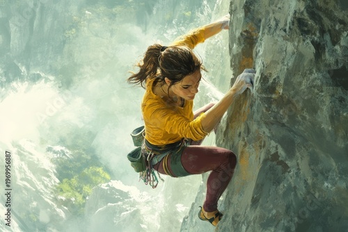 Female climber scaling rocky cliff in vibrant attire