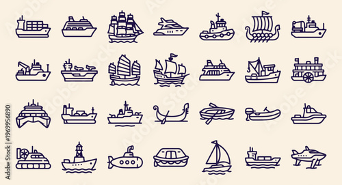 Ship vector icons, boat maritime symbols, nautical vessel design, sea transport set, ocean sailing icons, marine boat line art, logistics shipping symbols.

