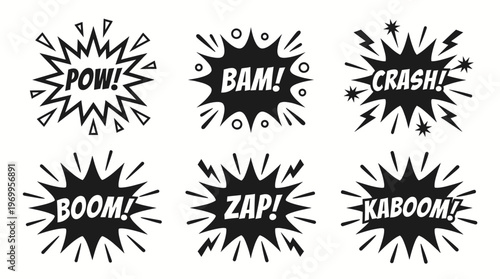 Six comic sound effect graphics with starburst explosions, bold uppercase lettering, dynamic outlines, representing action, impact, and energetic style.
