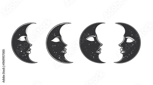 Black-and-white vector illustration of moon phases with a face. Simple, clean, minimalist design