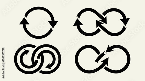 Four circular arrow cycle icons, black silhouettes on gray background, symbolizing repetition, synchronization, exchange, and continuous iterative process.