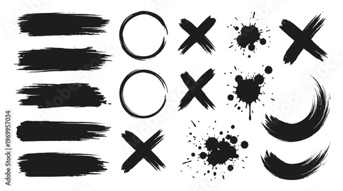 Twelve expressive brushstroke and ink splatter designs, abstract black textures on white background, showcasing artistic marks, strokes, and shapes.