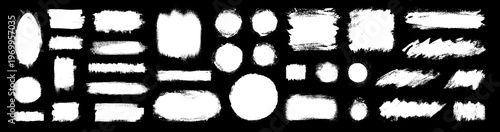 Brush paint stroke old photo frame box set. Rough vintage grunge texture. Vector border edge shapes on black bg. Acrylic paint and chalk smudges. Gritty texture splatter. Adged banner template