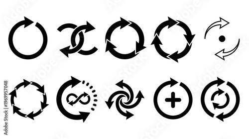 Twelve circular arrow icons in grid layout, line art style, symbolizing cycles, recycling, iteration, infinity, and continuous process flow.