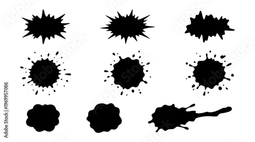 Eight abstract ink blot silhouettes in grid layout, jagged and smooth variations, black splashes on white background for design textures.